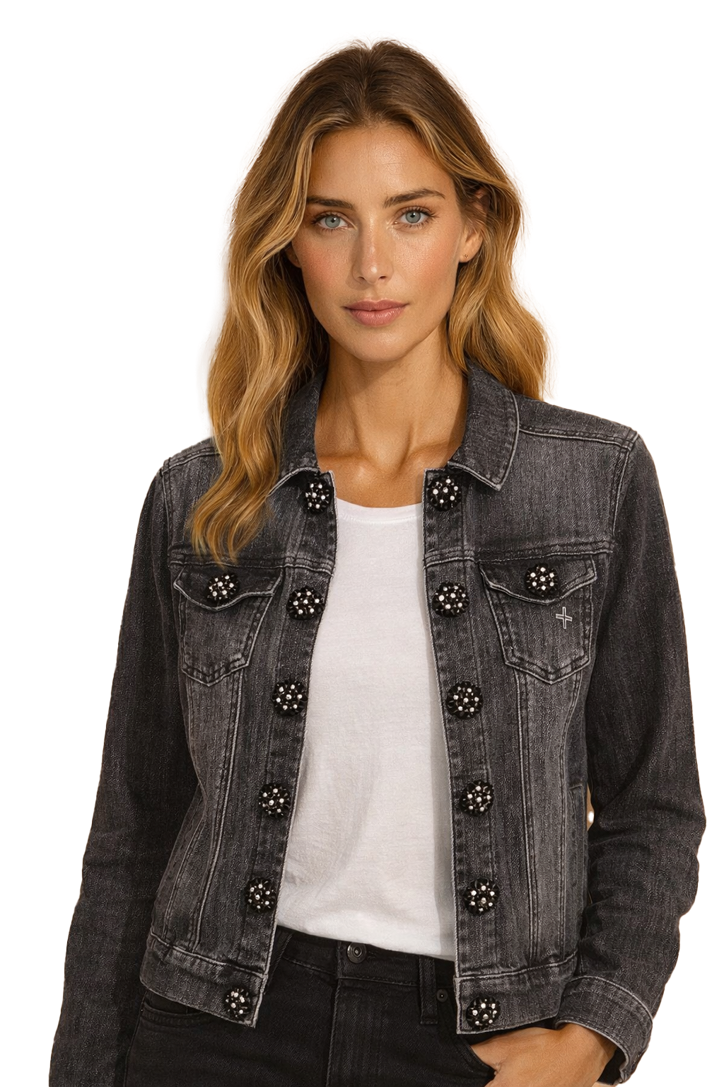 DENIM BEADED DETAIL OPEN FRONT JACKET