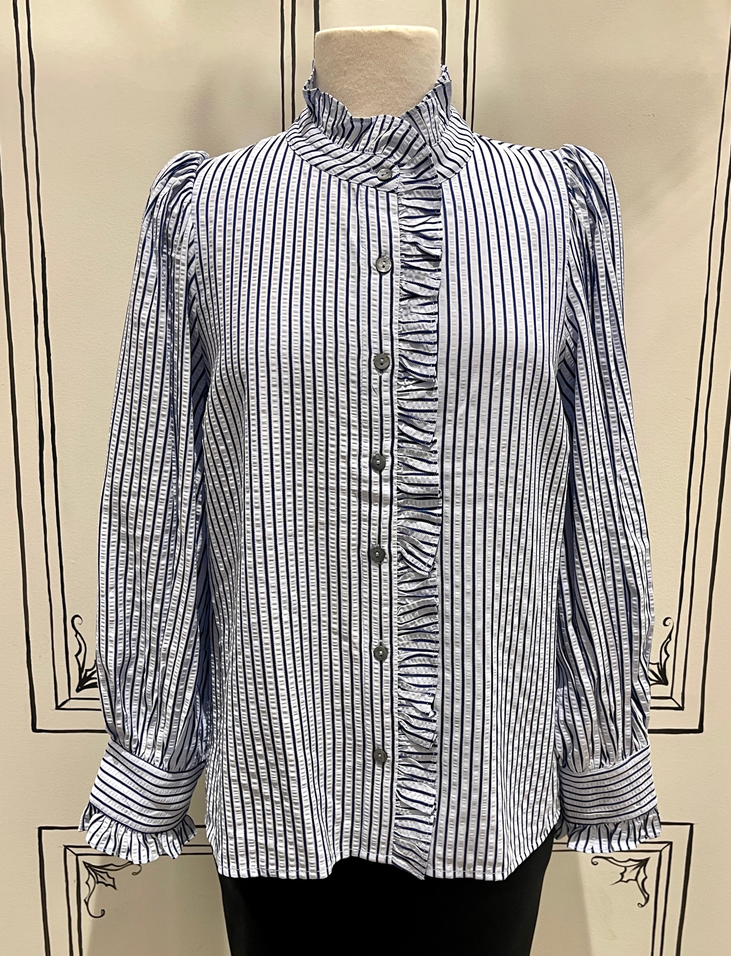 STRIPE LONG SLEEVE TOP WITH RUFFLE