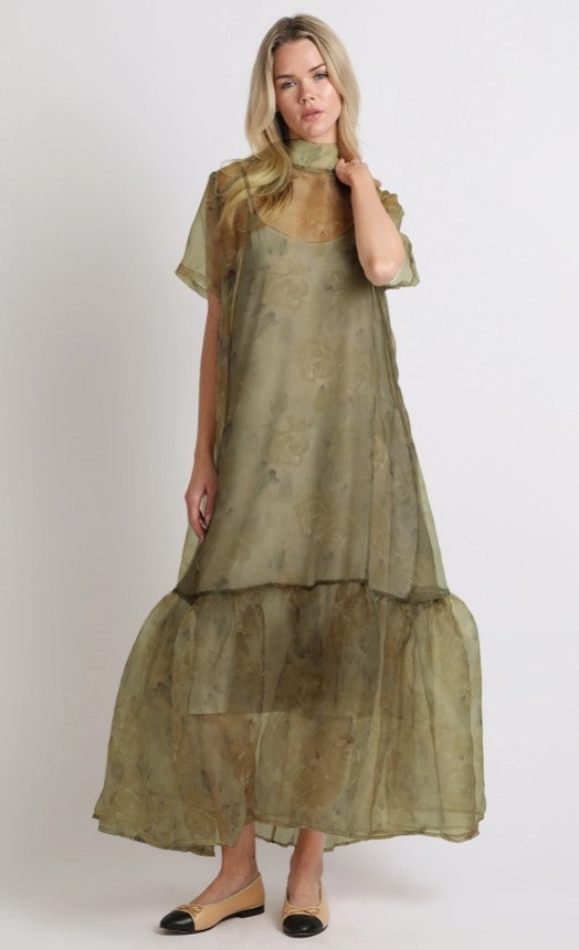 MAXI FLORAL SHEER OVERLAY WITH CAMISOLE DRESS