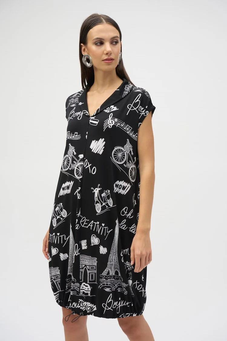 JOSEPH RIBKOFF SILKY WORD PRINT COCOON DRESS