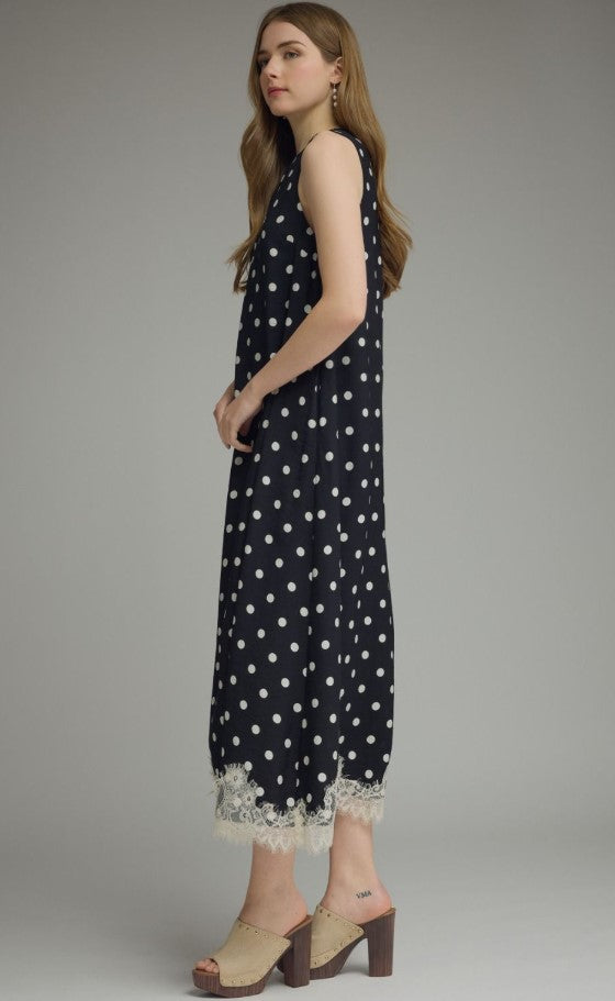 SHORT SLEEVE MIDI POLKA DOT LACE TRIM DRESS