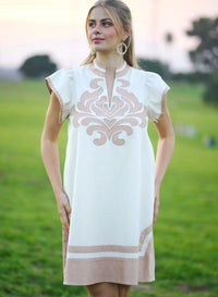 LINEN V NECK EMBROIDERED APPLIQUE DRESS