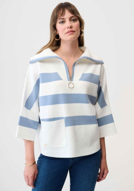 RIBKO SWEATER STRIPE BOXY ZIP COLLAR