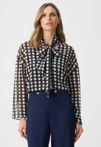 JOSEPH RIBKOFF TOP CHIFFON GEOMETRIC TIE NECK