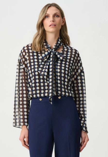 JOSEPH RIBKOFF TOP CHIFFON GEOMETRIC TIE NECK