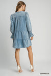 UM DRESS STN WASH RUFFLE L/S