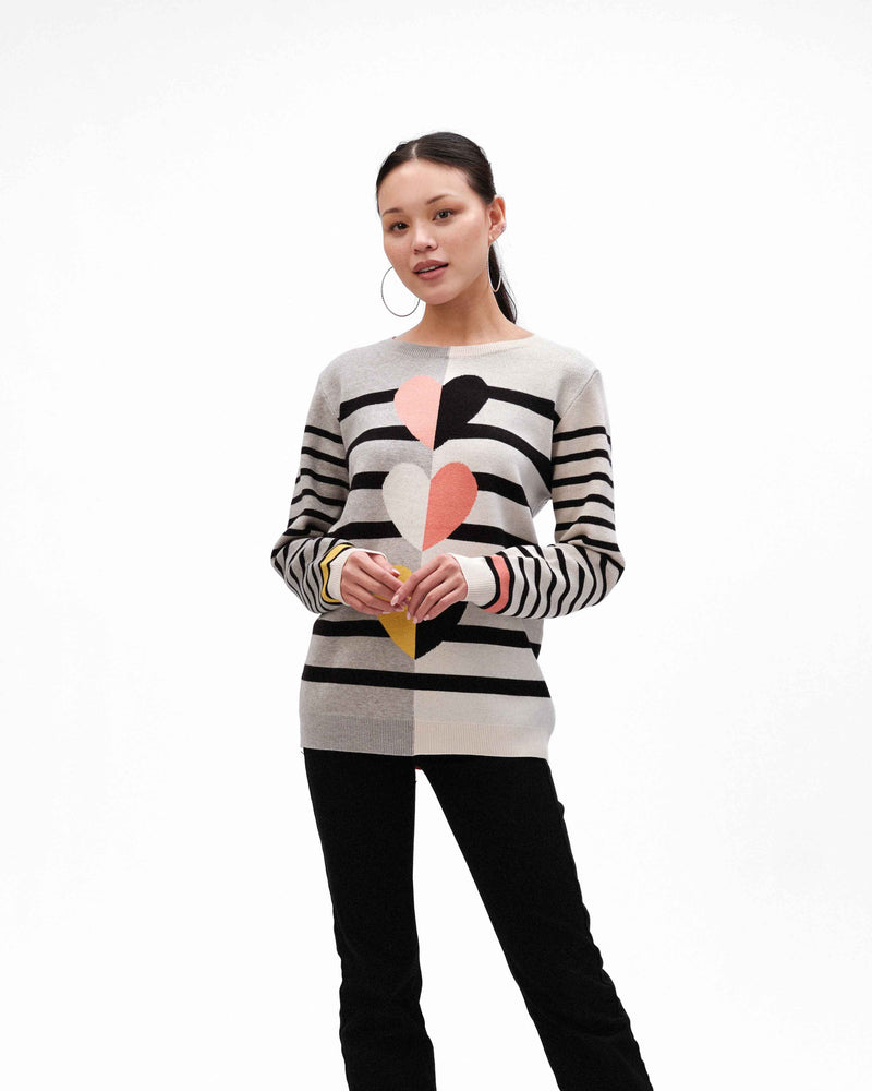 KNIT SWEATER WITH STRIPE AND HEARTS