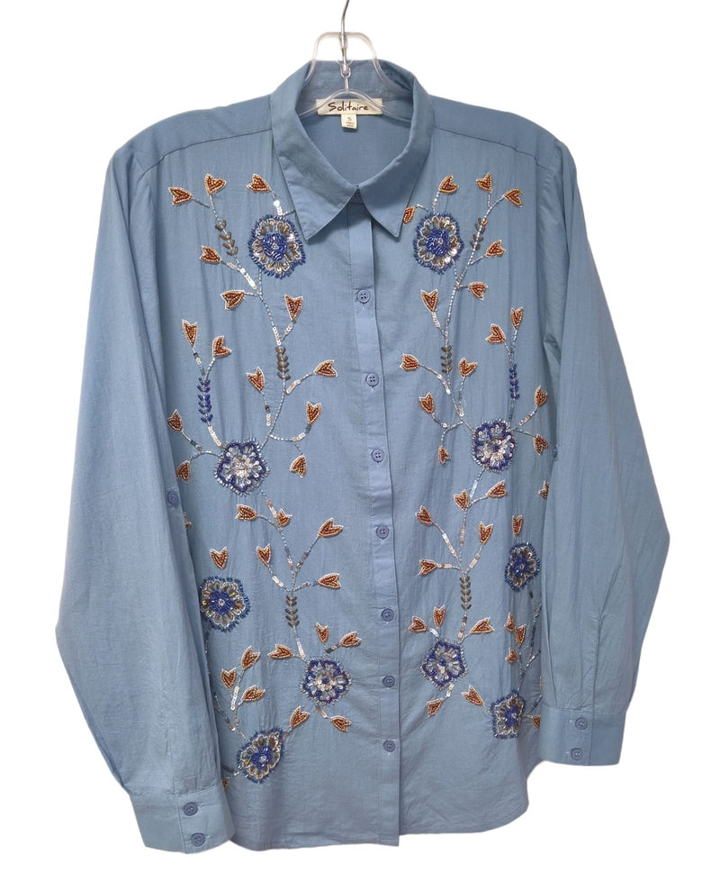 SOLITAIRE LONG SLEEVE BUTTON UP BEADED TOP