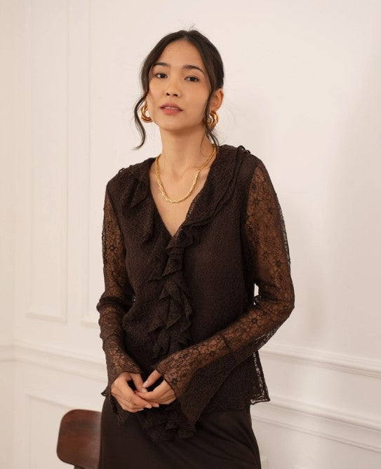 RUFFLED V NECK LACE LONG SLEEVE TOP