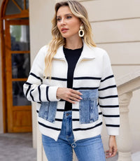 ORANGE SWEATER DENIM PATCH KNIT ZIP UP CARDI
