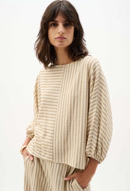 RIBKO TOP WOVEN STRIPE BOAT NECK
