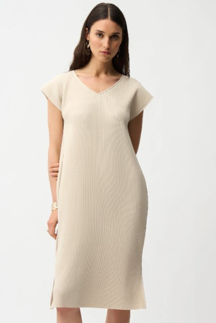 JOSEPH RIBKOFF V NECK PLEATED SCUBA DRESS