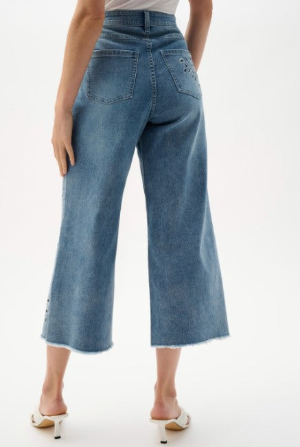 JOSEPH RIBKOFF DENIM WIDE LEG EMBROIDERED PANTS