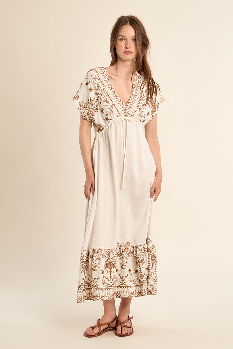MOLLY DRESS LONG EMBROIDERED FLUTTER SLV