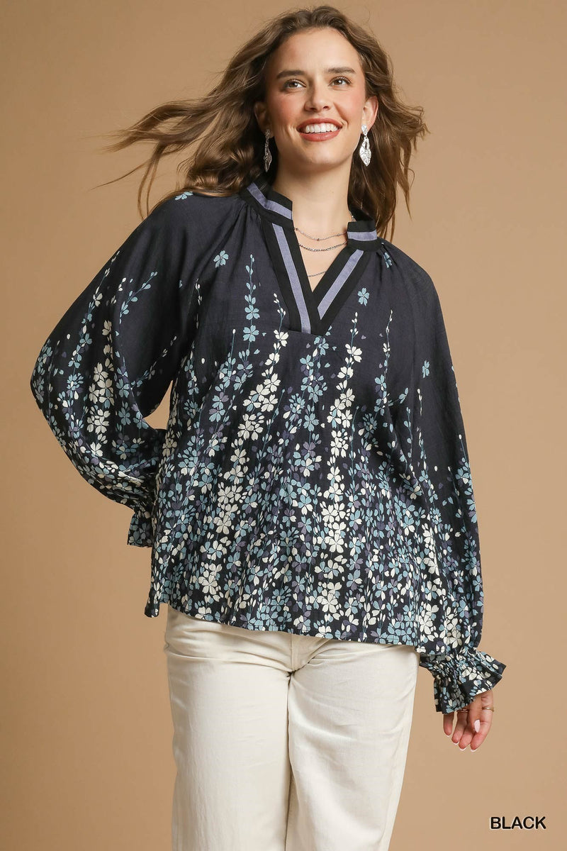 UM BLOUSE V NK PRINT L/S
