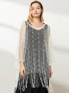 CROCHET KNIT SLEEVED PONCHO W/FRINGE