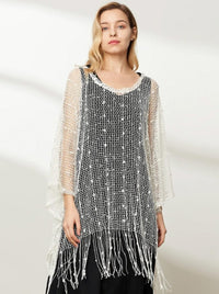 CROCHET KNIT SLEEVED PONCHO W/FRINGE