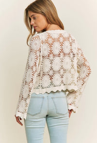SCALLOP EDGE LACE FLORAL CROCHET CARDIGAN