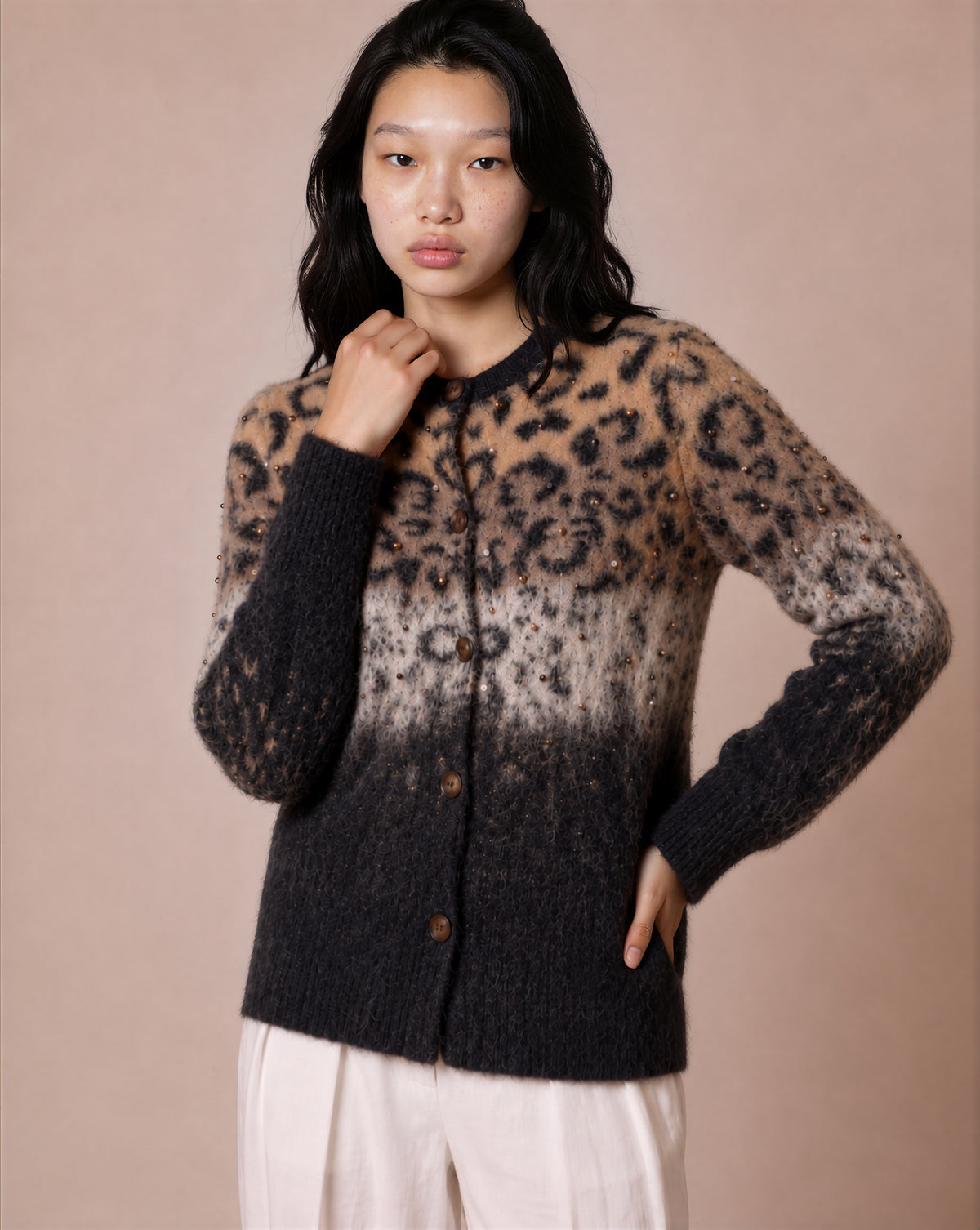 POINT SWEATER KNIT LEOPARD GRADIENT CARDI