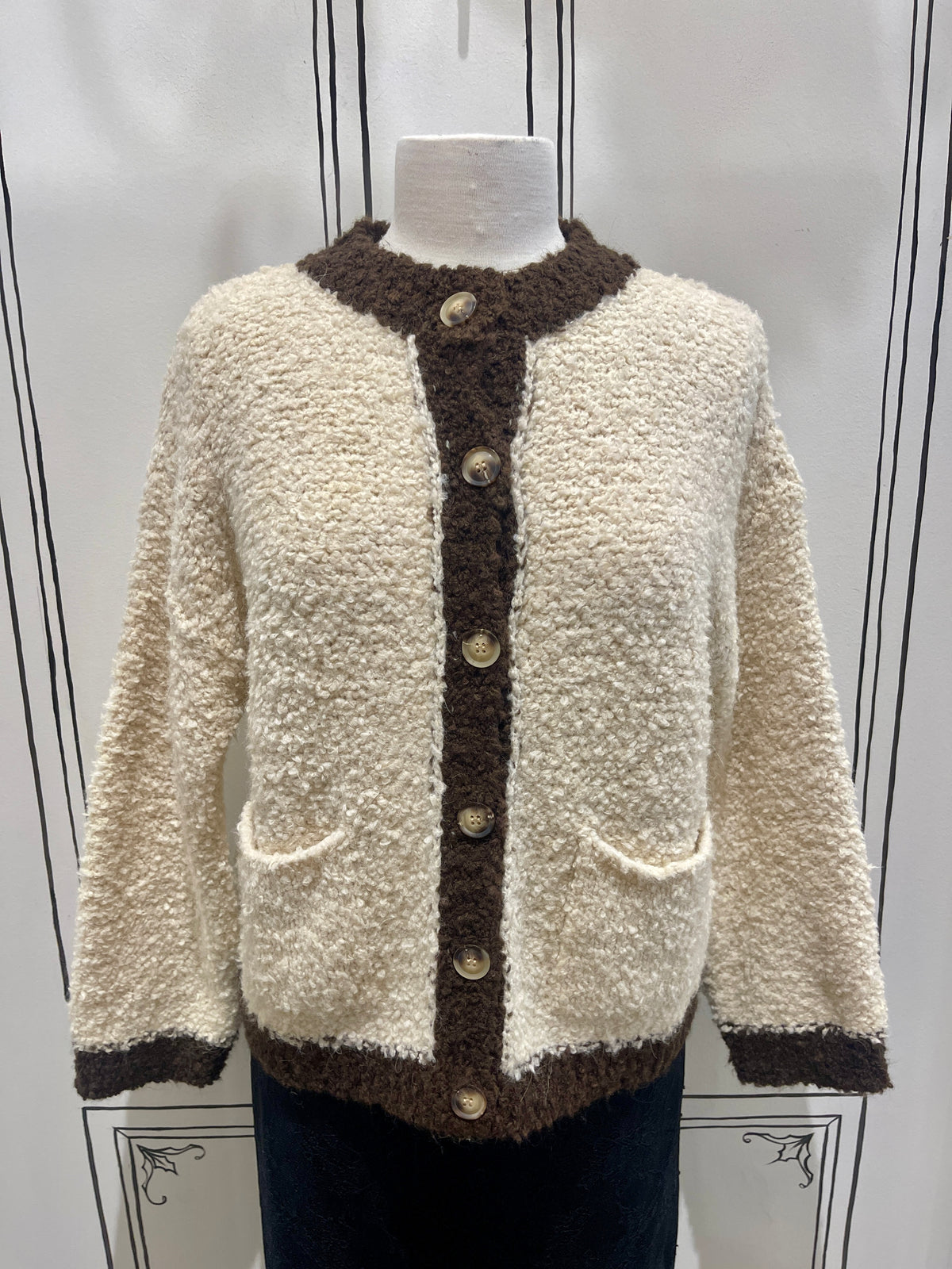 FRONT POCKET COLOUR BLOCK TRIM CARDIGAN