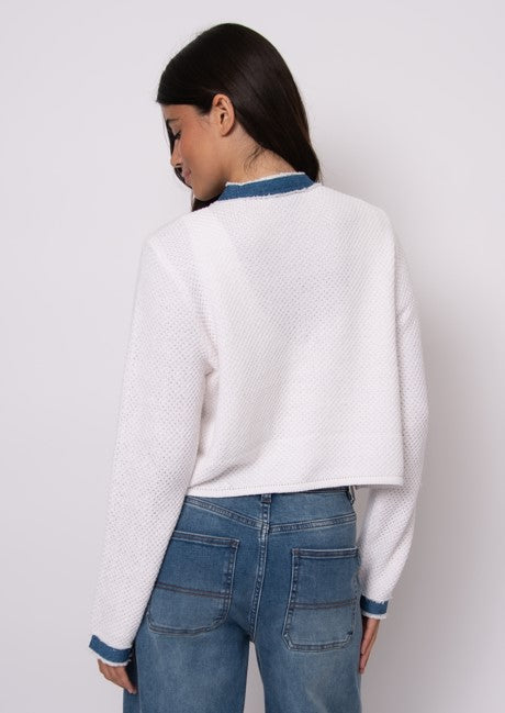 KNIT CARDI WITH DENIM TRIM