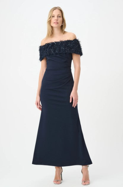 RIBKOFF GOWN OFF THE SHOULDER FRINGED TRUMPET