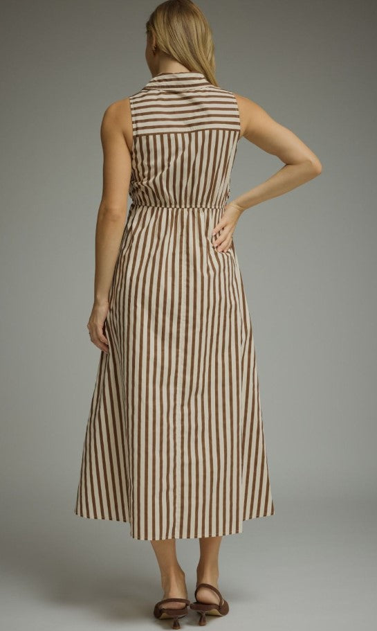 STRIPED SLEEVELESS COLLARED MIDI DRESS