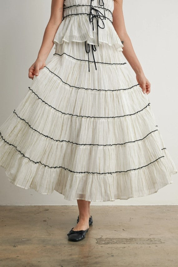 TIERED RUFFLED FLOWY MAXI TIE FRONT SKIRT