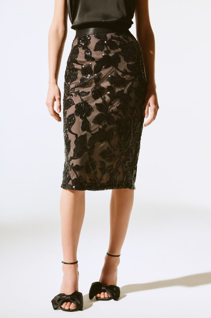 JOSEPH RIBKOFF SKIRT WITH SEQUIN FLORAL DETAIL