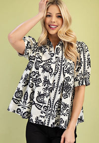 PRINTED SHORT PUFF SLEEVE TOP