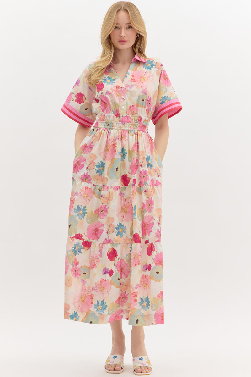 ENTRO DRESS SHRT SLV CLLR BELTED MIDI