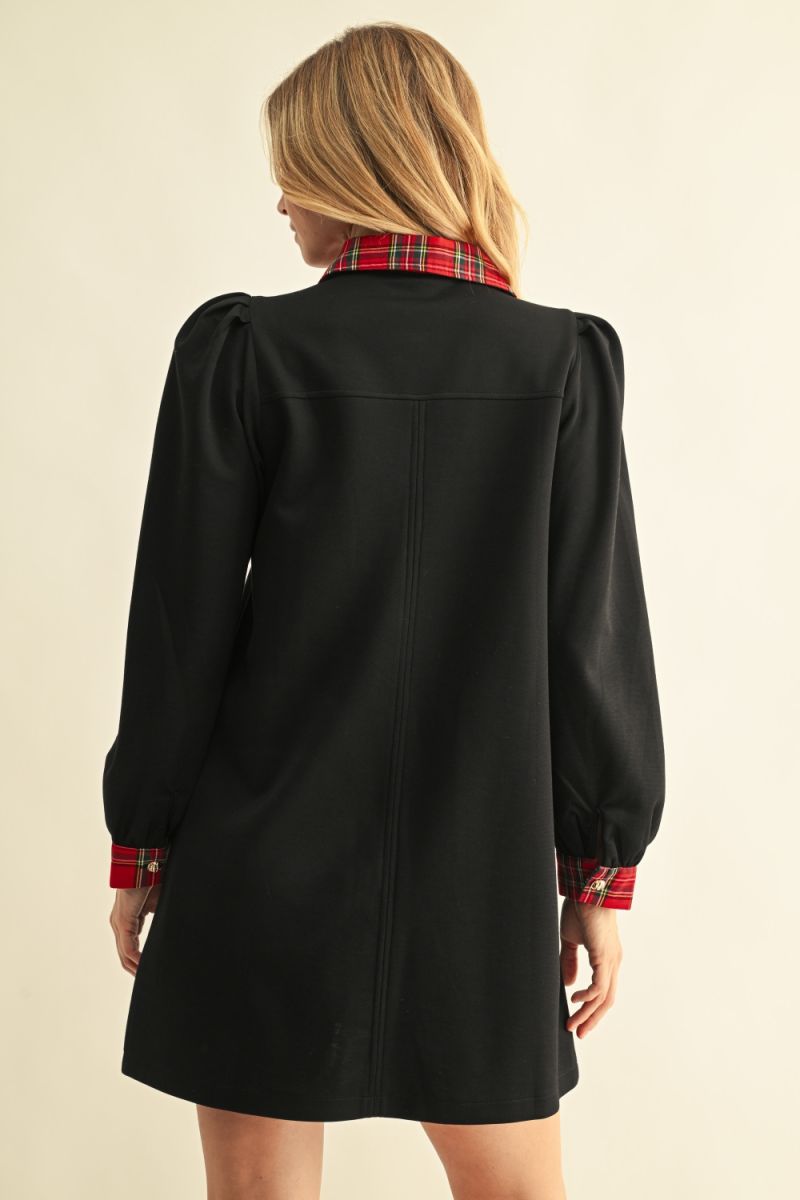 PUFF SHOULDER LONG SLEEVE SHIFT DRESS