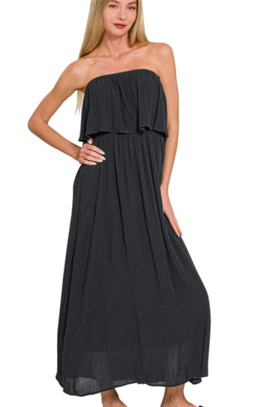 CRINKLE STRAPLESS MAXI DRESS