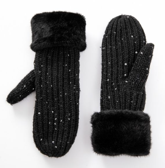 MITTENS WITH FAUX FUR CUFF AND SPARKLE