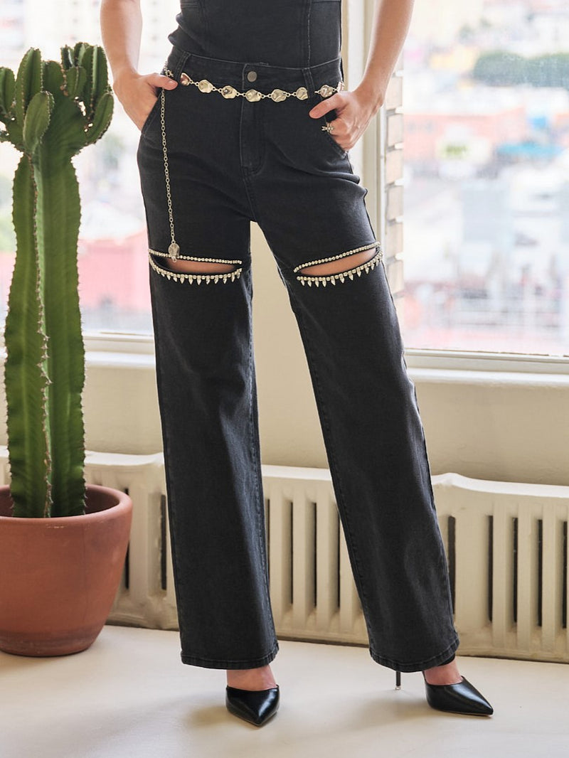 RHINESTONE CUTOUT FRONT JEANS