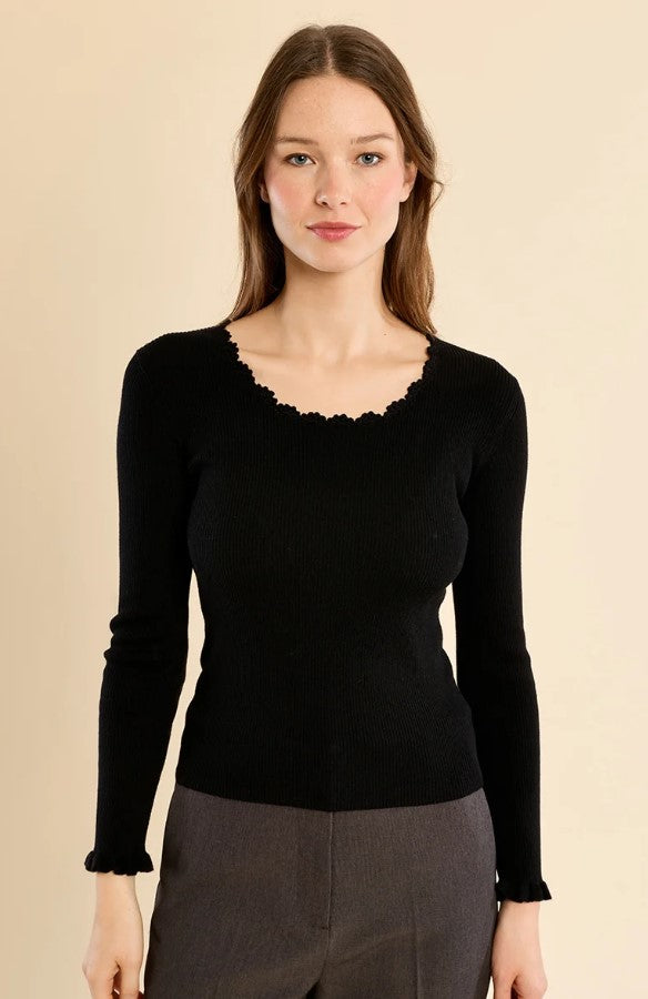 MOLLY SWEATER RIBBED KNIT LACE COLLAR