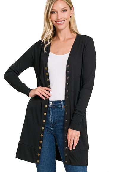 MIDI LENGTH SNAP BUTTON RIBBED CARDIGAN