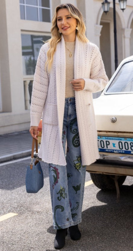 ORANGE SWEATER LATTICE LACE LONGLINE CARDI