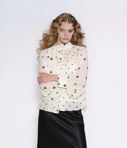 POLKA DOT CHIFFON NECK TIE BLOUSE