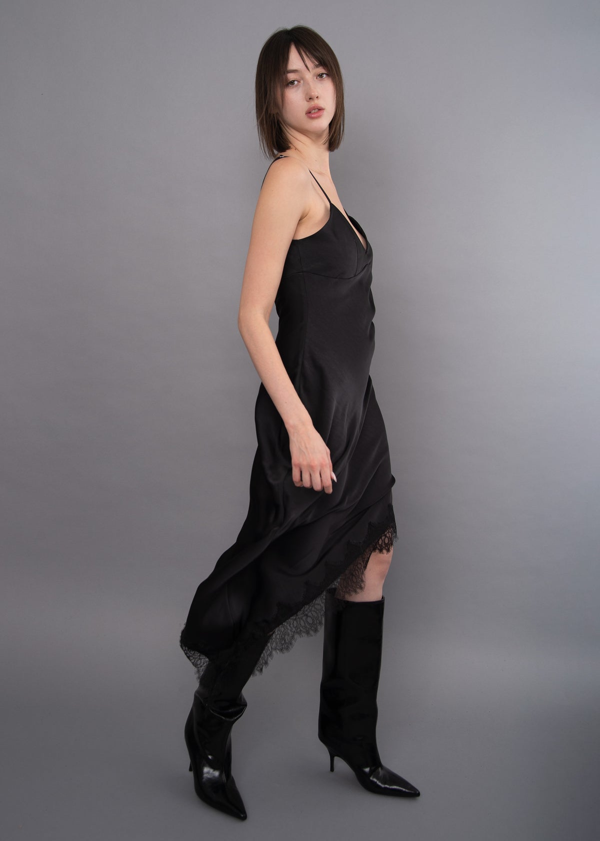 SATIN LACE TRIM ASYMETRICAL DRESS
