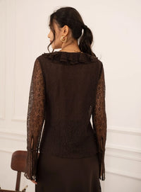RUFFLED V NECK LACE LONG SLEEVE TOP
