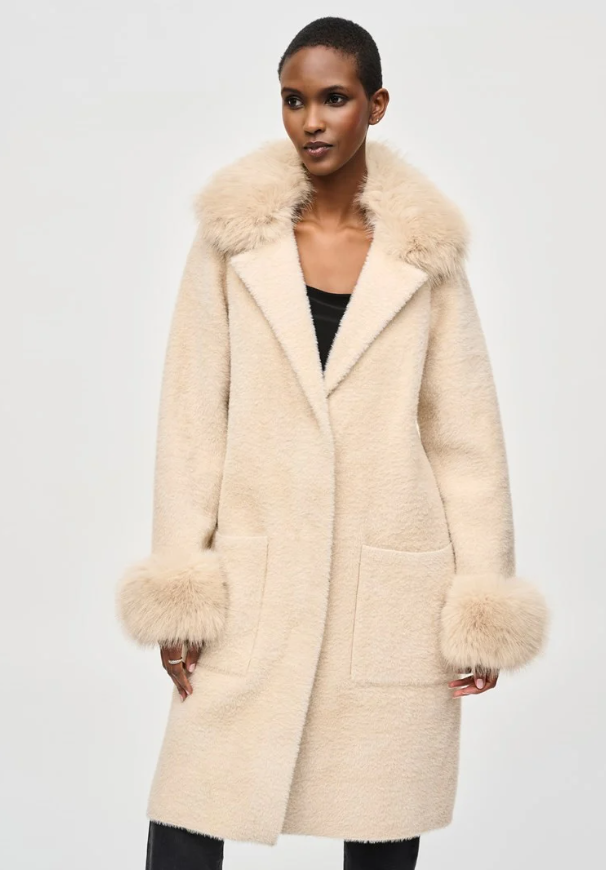 JOSEPH RIBKOFF COAT WITH FEATHER FAUX FUR COLLAR