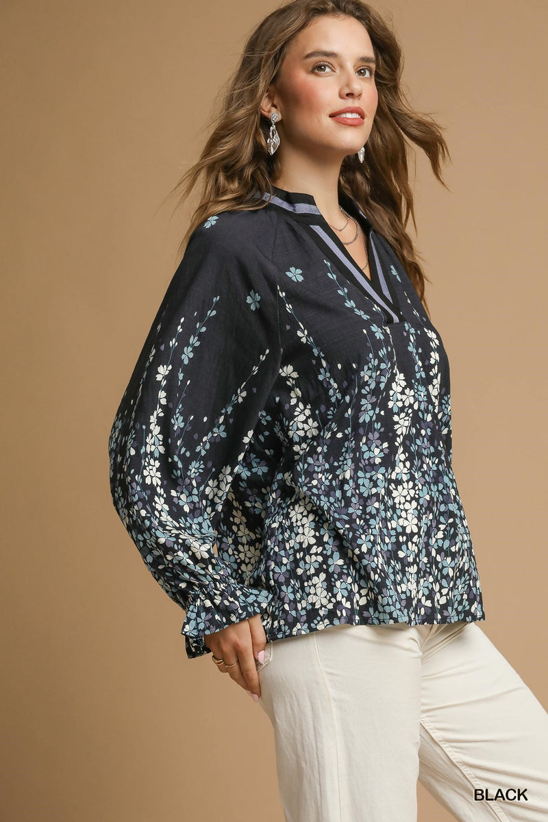 UM BLOUSE V NK PRINT L/S