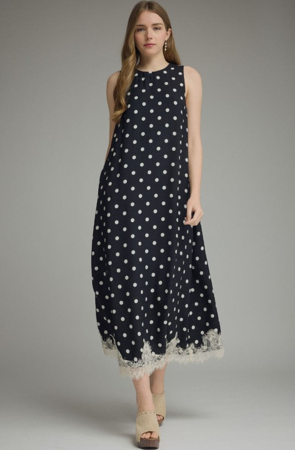 SHORT SLEEVE MIDI POLKA DOT LACE TRIM DRESS