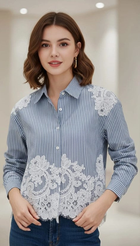 BUTTON UP COTTON TOP WITH LACE INSERTS