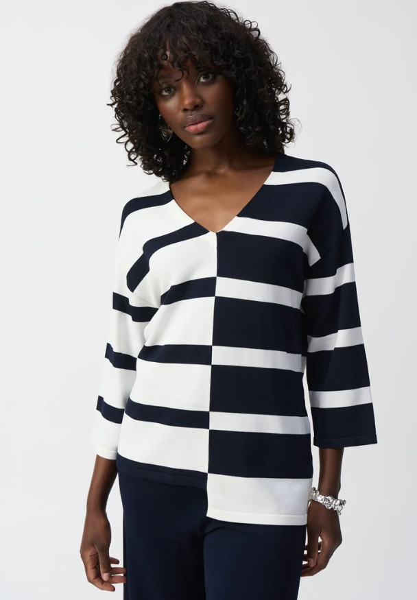 JOSEPH RIBKOFF STRIPED KNIT VNECK SWEATER