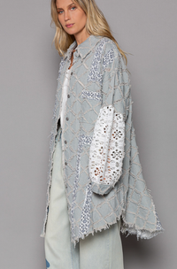 Long Denim Jacket with Lace Sleeves