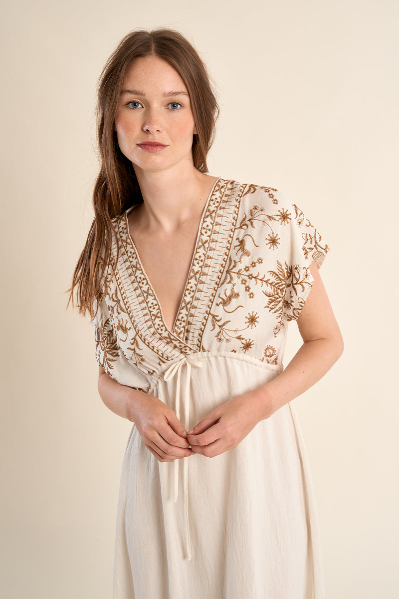 MOLLY DRESS LONG EMBROIDERED FLUTTER SLV