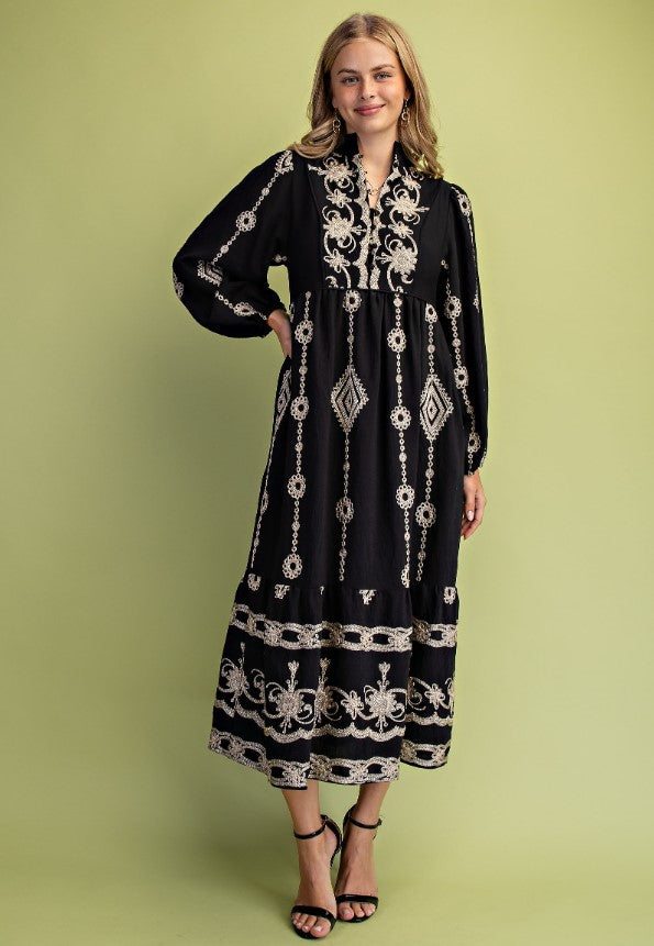 GIGIO DRESS BUTTONED VNECK MIDI METALIC EMBROIDERY