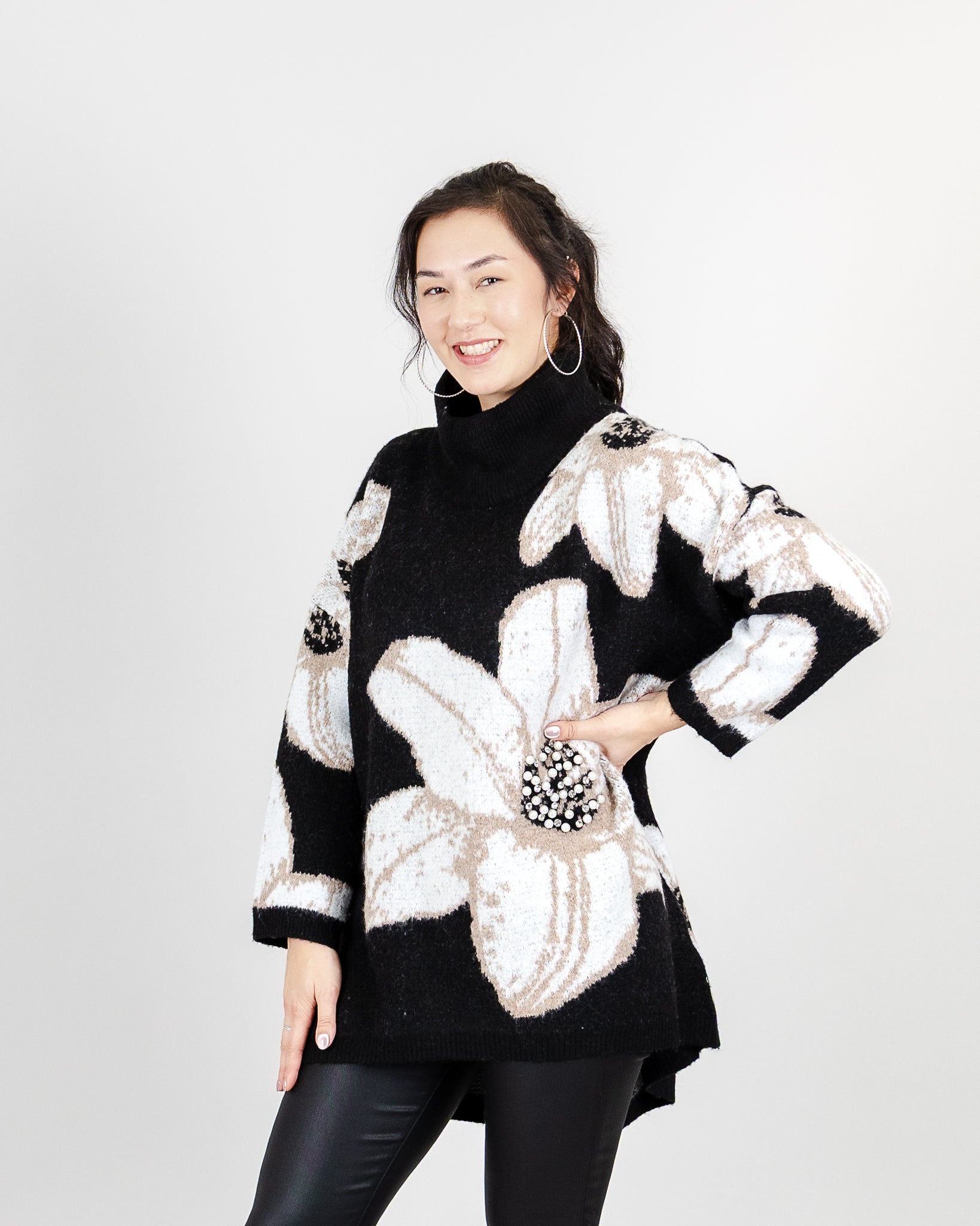 FUN SWEATER OVERSIZED TUNIC MOCK NECK LARGE FLORAL